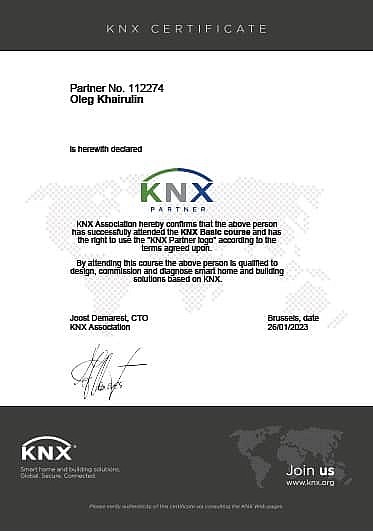 Сертификат партнёр KNX