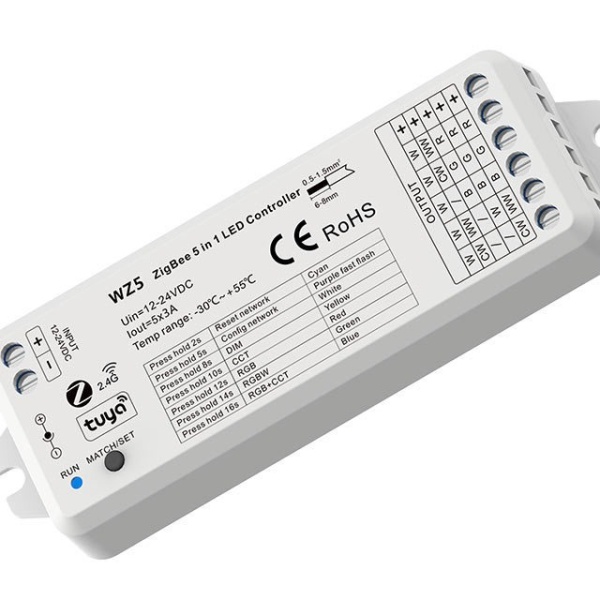 Контроллер TUYA 5-в-1 WZ5 ZigBee - RF (12-24V, 5x3A, RGB-MIX, 2.4G)